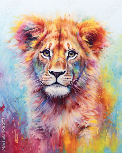 Adorn your wall with a multicolor baby lion featuring a captivating Watercolor Scene