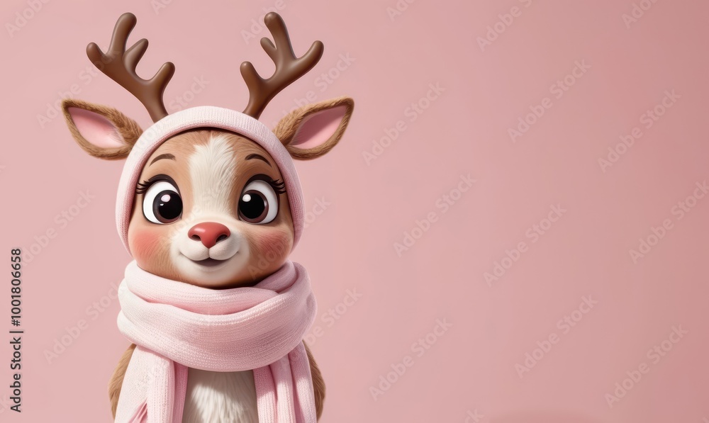 A cartoon deer with a pink scarf on its neck A cartoon deer with a pink scarf on its neck