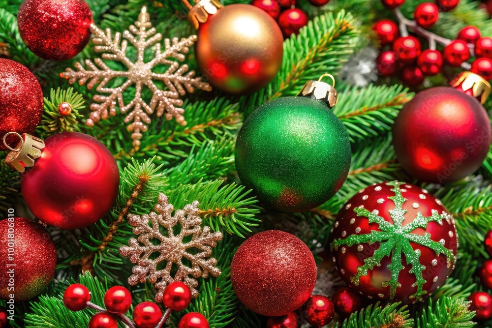 Festive Red and Green Christmas Background with Snowflakes, Ornaments, and Pine Tree Elements Festive Red and Green Christmas Background with Snowflakes, Ornaments, and Pine Tree Elements