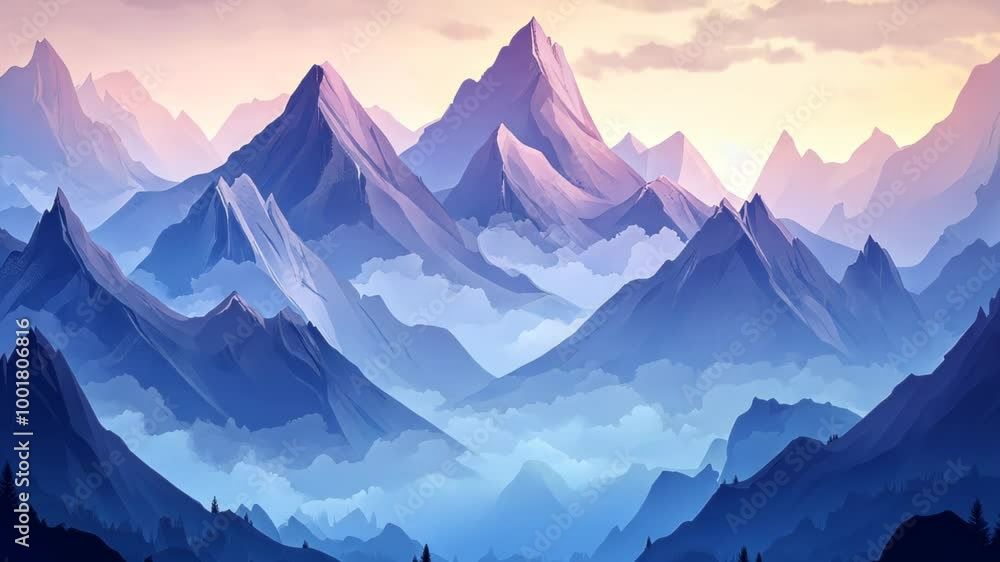 A serene mountain landscape with layered peaks and soft clouds under a pastel sky. A serene mountain landscape with layered peaks and soft clouds under a pastel sky.