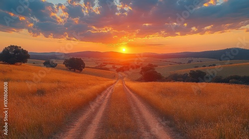 Golden Sunset Over Rolling Hills with Dirt Road and Dramatic Clouds