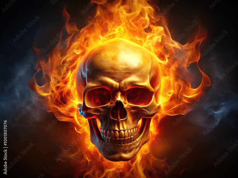 Fiery Skull with Blazing Flames and Intense Glow on a Dark Background for Dramatic Visual Impact Fiery Skull with Blazing Flames and Intense Glow on a Dark Background for Dramatic Visual Impact