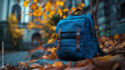 Blue backpack with leather straps placed on the ground surrounded by autumn leaves, with blurred background creating a warm, cozy fall atmosphere