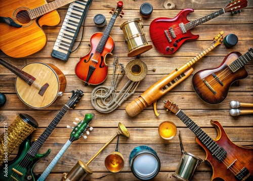 Flat Lay of Various Musical Instruments on a Rustic Wooden Background for Creative Use and Design photo