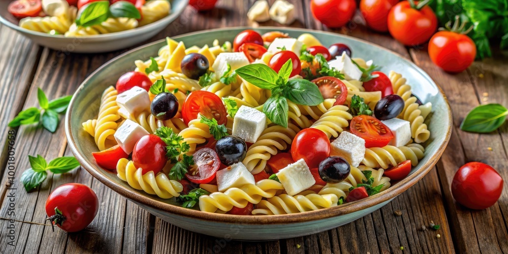 Fresh and Colorful Greek Pasta Salad with Feta, Olives, Tomatoes, and Herbs on a Rustic Table Fresh and Colorful Greek Pasta Salad with Feta, Olives, Tomatoes, and Herbs on a Rustic Table