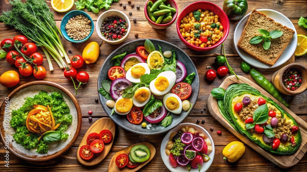 Fresh and Colorful Ovovegetarian Dishes Featuring Eggs, Vegetables, and Healthy Ingredients on Table Fresh and Colorful Ovovegetarian Dishes Featuring Eggs, Vegetables, and Healthy Ingredients on Table