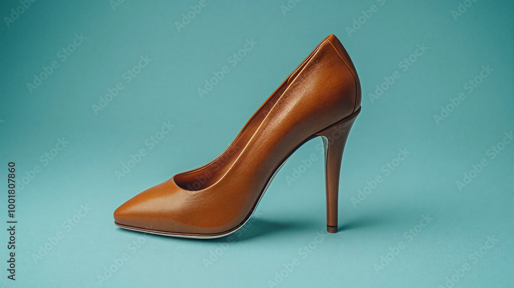 Classic brown high-heeled pump with a sleek, minimalistic design, set against a teal background, showcasing elegance and sophistication Classic brown high-heeled pump with a sleek, minimalistic design, set against a teal background, showcasing elegance and sophistication