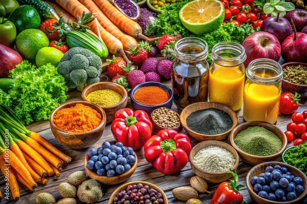Fresh Detox Foods and Anti-Aging Products for a Healthy Lifestyle and Wellness Collection Display Fresh Detox Foods and Anti-Aging Products for a Healthy Lifestyle and Wellness Collection Display