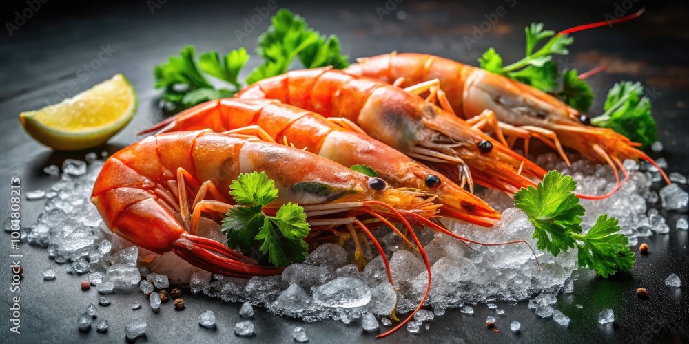 Fresh Headless Shrimp on Ice Ready for Cooking and Seafood Dishes in a Culinary Presentation Fresh Headless Shrimp on Ice Ready for Cooking and Seafood Dishes in a Culinary Presentation