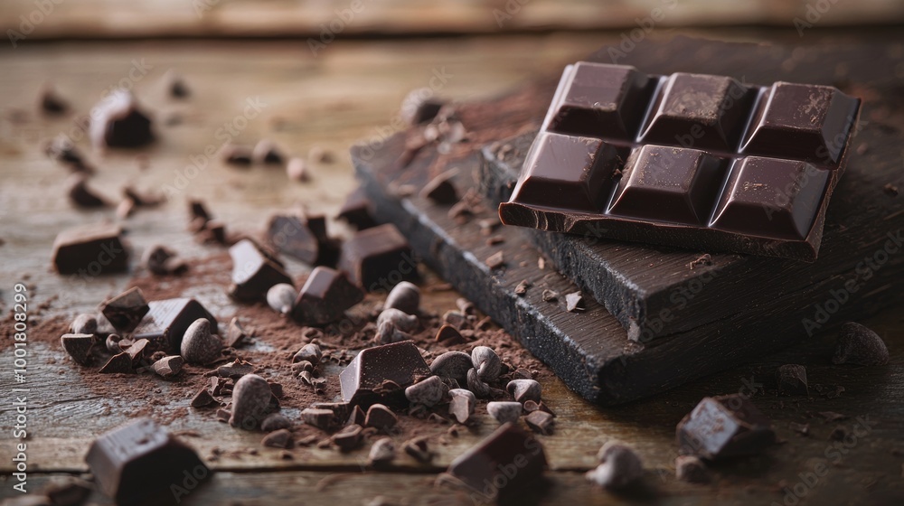 Dark chocolate pieces on rustic wooden surface Dark chocolate pieces on rustic wooden surface