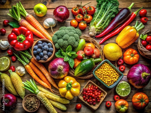 Wallpaper Mural Freshly Prepared Colorful Vegetables and Fruits Displayed on a Wooden Table for Healthy Eating Torontodigital.ca