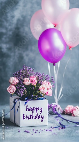 Birthday gift wrapped in colorful paper with balloons, flowers, bouquet. festive atmosphere party. text happy birthday