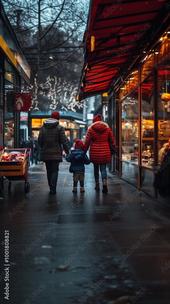 Family walking together on a winter day in the city market Family walking together on a winter day in the city market