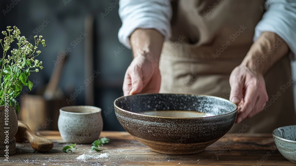 Chef holding a rustic bowl in a kitchen setting Chef holding a rustic bowl in a kitchen setting