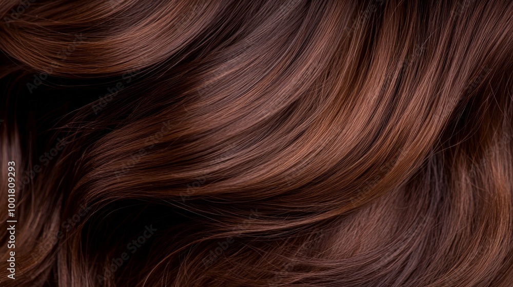 A sleek brunette hairstyle features loose curls that cascade over the shoulders, highlighted by soft lighting, which enhances the hair's texture and shine against a muted backdrop A sleek brunette hairstyle features loose curls that cascade over the shoulders, highlighted by soft lighting, which enhances the hair's texture and shine against a muted backdrop