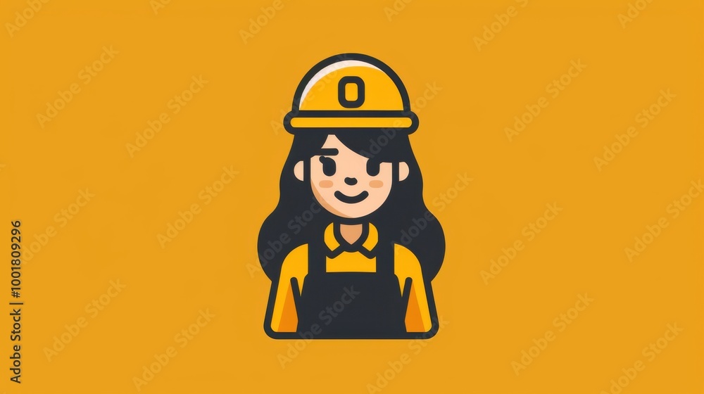 Cartoon character in hard hat on yellow background Cartoon character in hard hat on yellow background