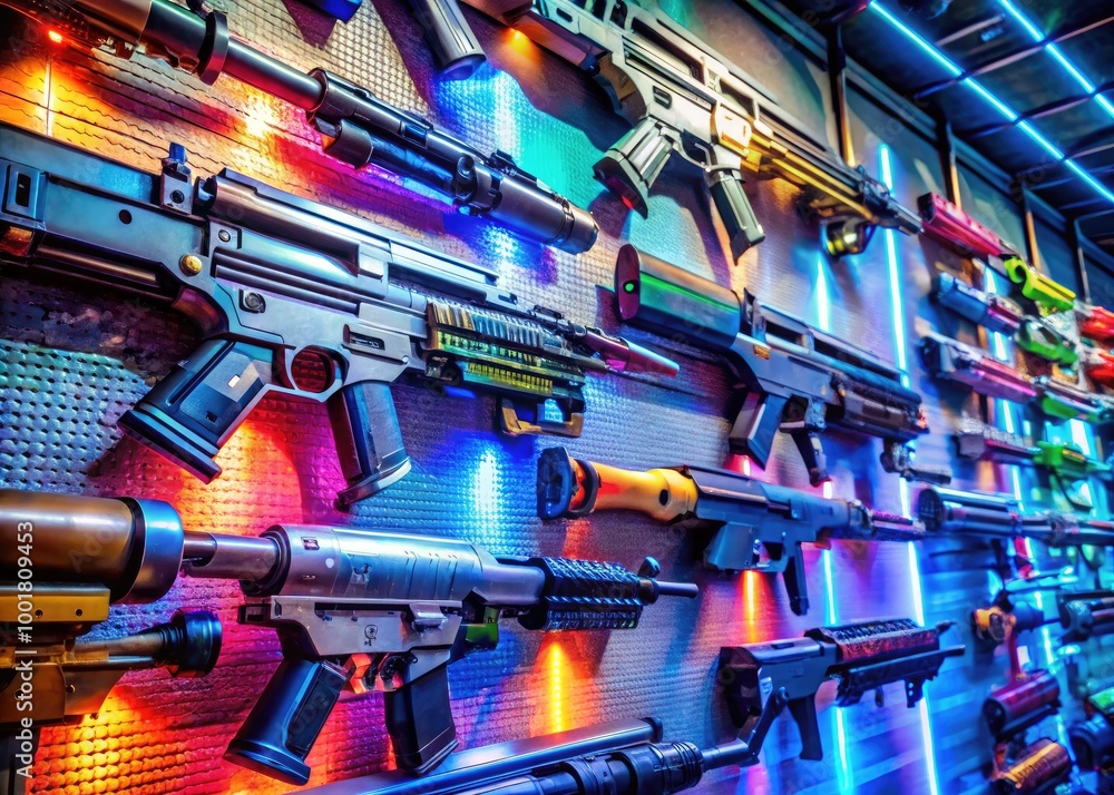 Futuristic Firearms Displaying Advanced Technology and Innovative Designs in a Sci-Fi Environment Futuristic Firearms Displaying Advanced Technology and Innovative Designs in a Sci-Fi Environment