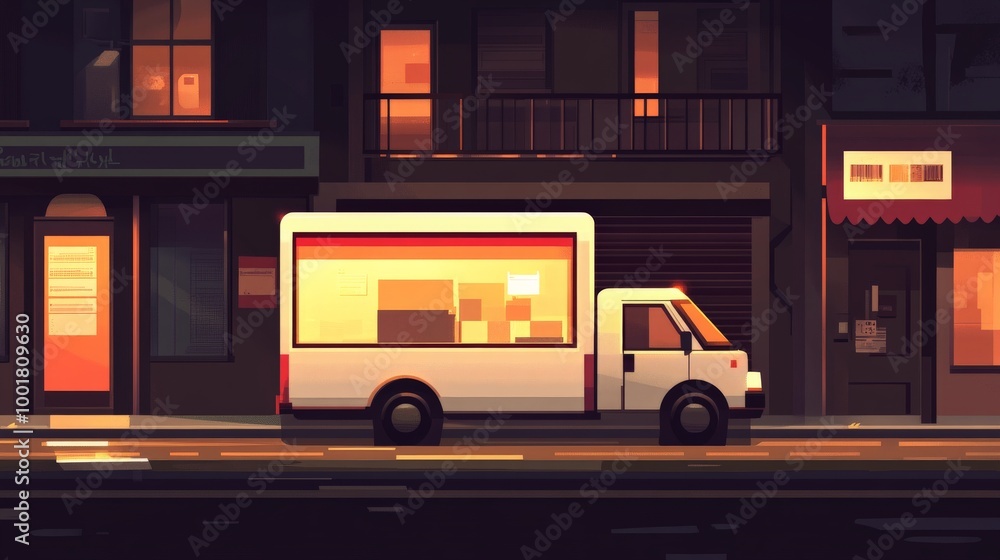 Fototapeta premium Illuminated Delivery Truck on a Dark City Street at Night