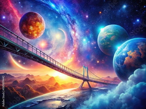 Futuristic Space Bridge Connecting Two Planets in a Vibrant Cosmic Landscape with Stars and Nebulae photo