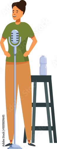 Confident female stand up comedian performing on stage with microphone