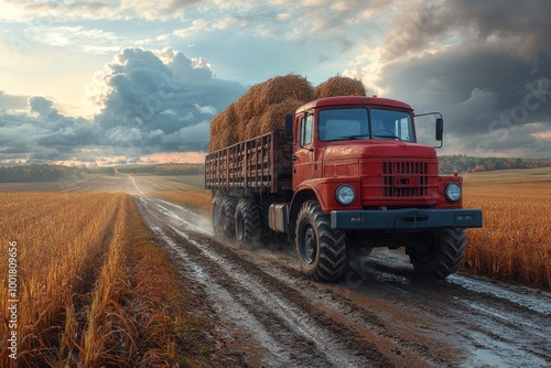 A red truck loaded with hay bales drives on a muddy road through a field of golden wheat at sunset.