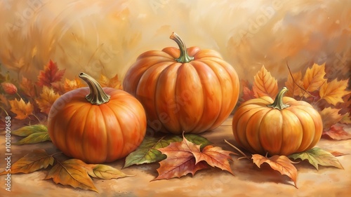 Pumpkins in Autumn: Illustration of a Group of Pumpkins Placed on the Ground Among Fallen Autumn Leaves. A Gentle Pastel Background to Highlight the Bright Colors of the Pumpkins