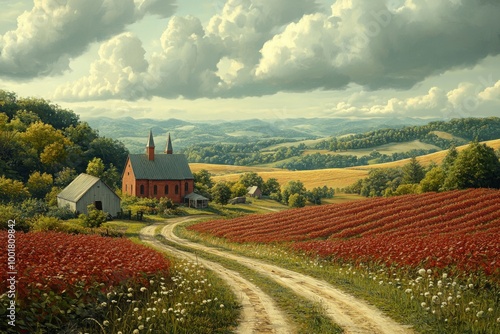 Charming Countryside Landscape with Red Flower Fields photo