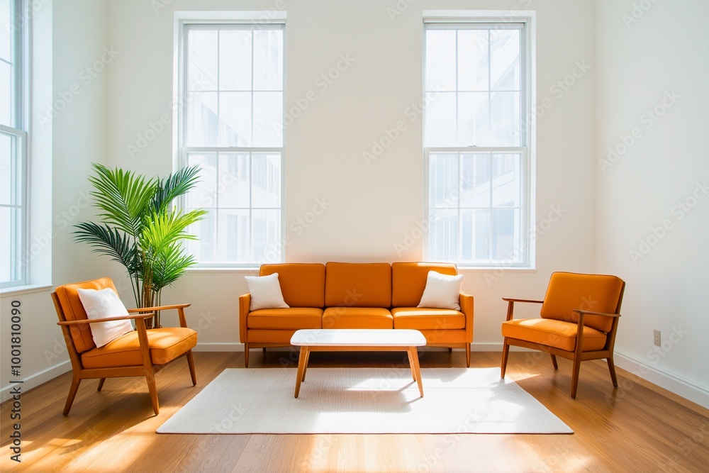 Fototapeta premium A bright, modern living room featuring orange furniture, large windows, a white rug, and a plant, showcasing a blend of style and comfort in a minimalist setting.