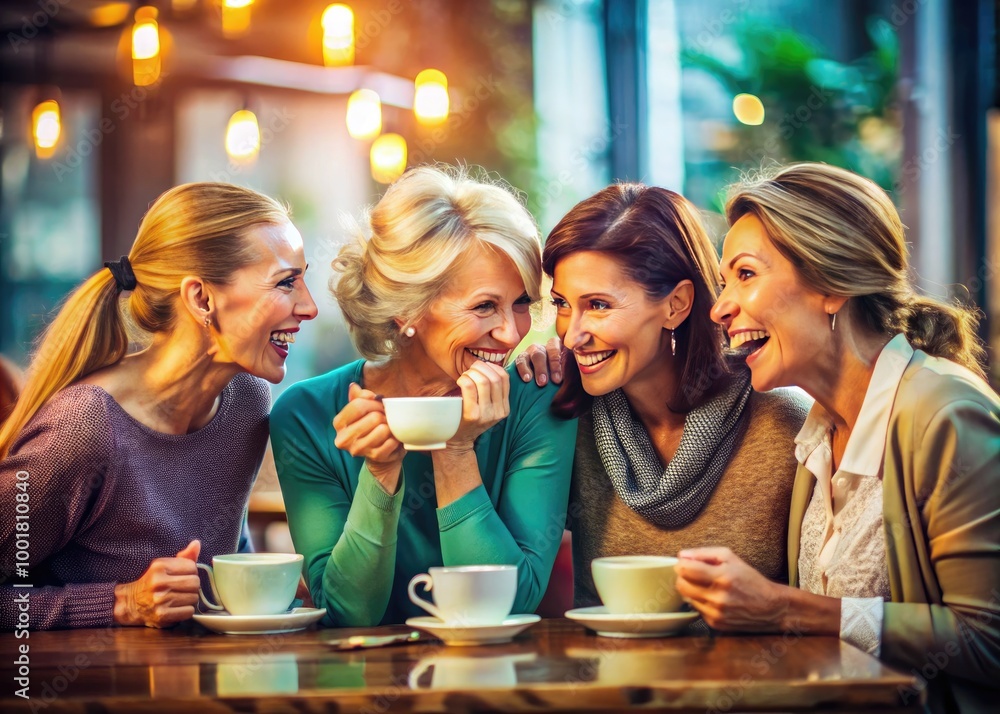 Group of women engaged in lively conversation and sharing secrets in a cozy coffee shop setting Group of women engaged in lively conversation and sharing secrets in a cozy coffee shop setting