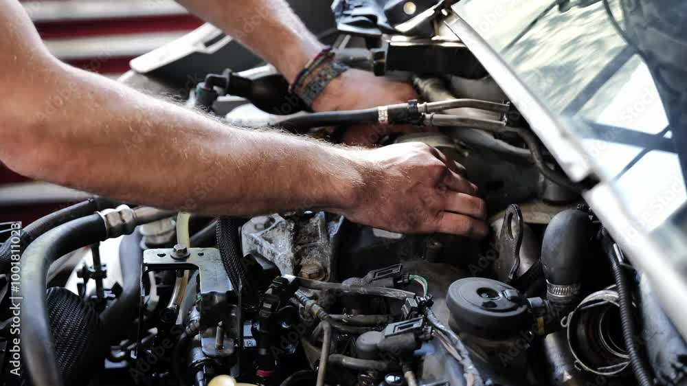 Mechanic Fixes Engine on a Car in a Sunny Day with Sunlight in Switzerland Mechanic Fixes Engine on a Car in a Sunny Day with Sunlight in Switzerland