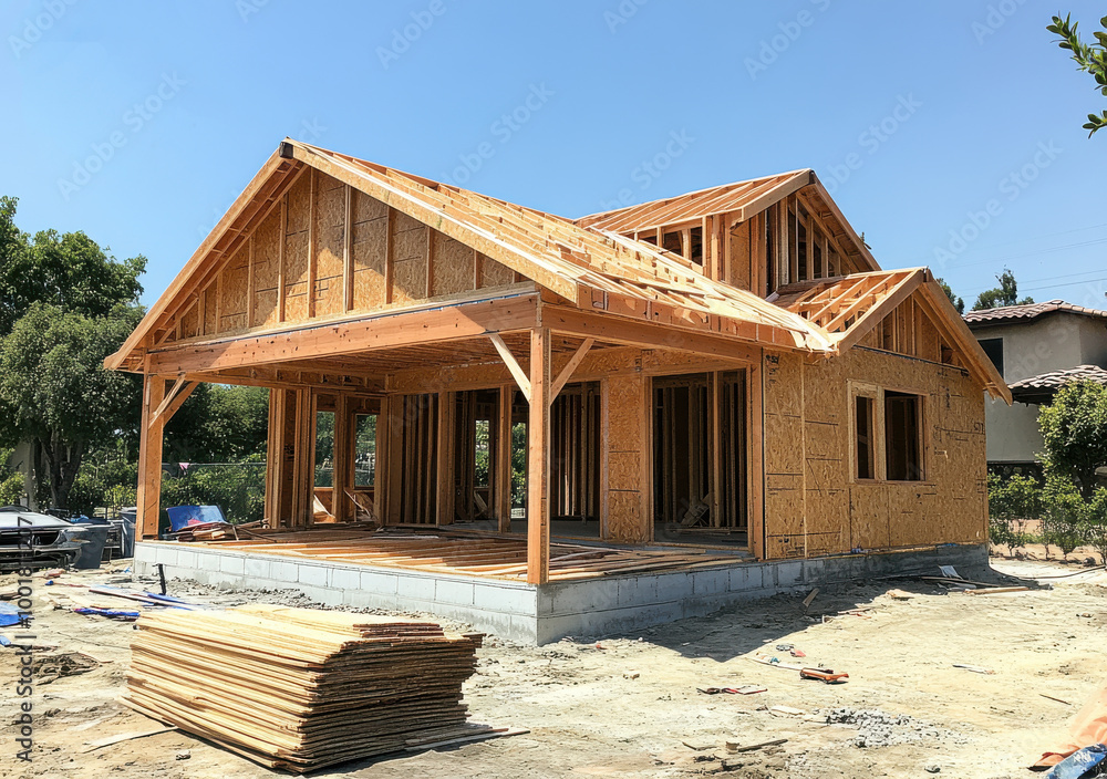 New wooden frame house under construction during a bright, sunny day New wooden frame house under construction during a bright, sunny day