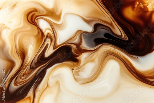 Swirls of coffee merging with milk create an abstract pattern in a warm, inviting moment during breakfast preparation. Generative AI