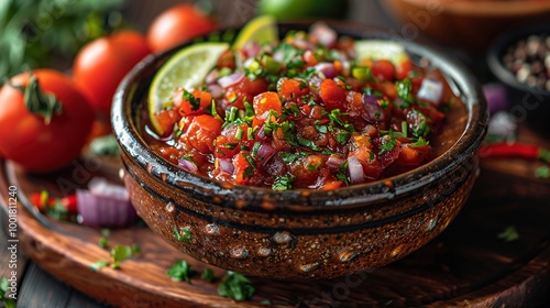 A close-up of a bowl of authentic Mexican salsa.