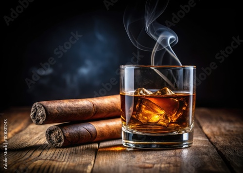 Hand Rolled Cigar Resting on Glass of Bourbon Whiskey on Wooden Table with Black Background