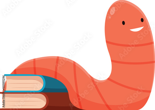 Happy cartoon worm smiling and reading a stack of books, great for educational or children's designs