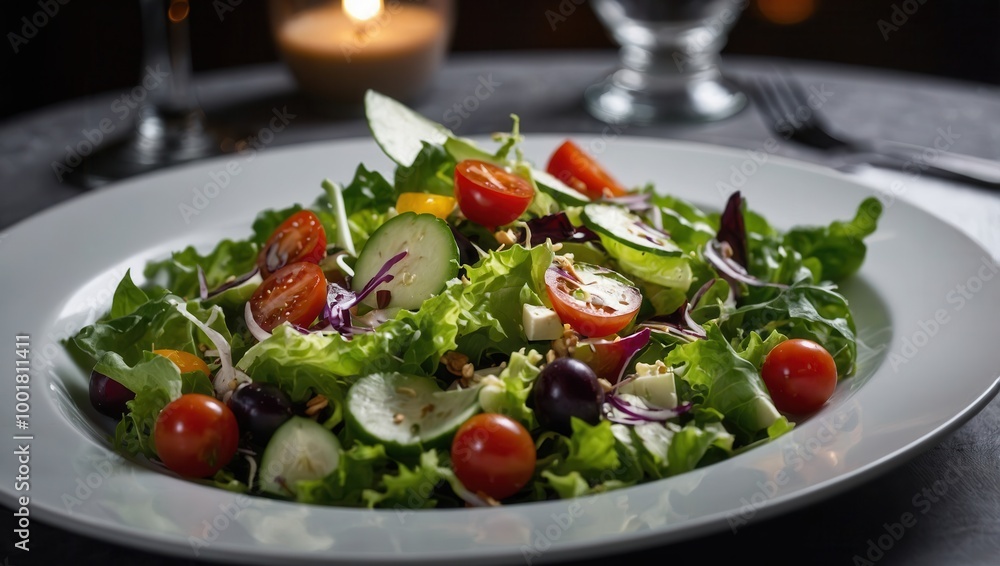 Plate of vibrant salad served on a dining table with colorful fresh ingredients Plate of vibrant salad served on a dining table with colorful fresh ingredients