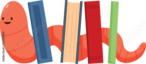 Smiling cartoon worm is holding a stack of colorful books