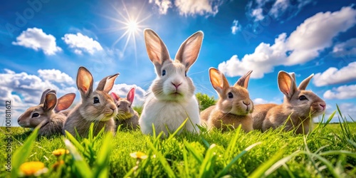 Happy Rabbit Farm with Cute Bunnies Playing in Green Grass Under Bright Blue Sky on Sunny Day