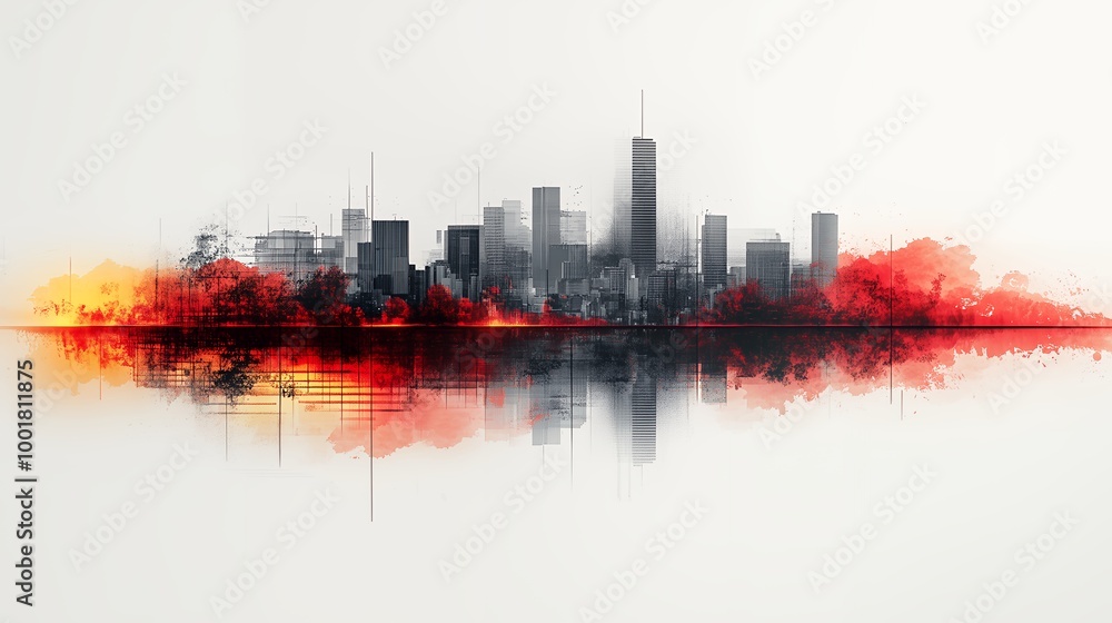 Abstract city skyline with smoke in red and black tones on white background Abstract city skyline with smoke in red and black tones on white background