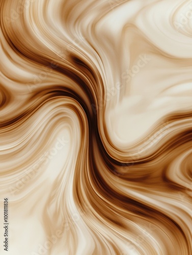 Swirling patterns of coffee and milk blend together in an abstract representation of their dynamic interaction. Generative AI