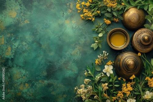 ayurvedic wellness art, detailed ayurvedic medicine-themed pattern featuring ancient healing herbs and plants in green and gold hues, promoting wellness and balance