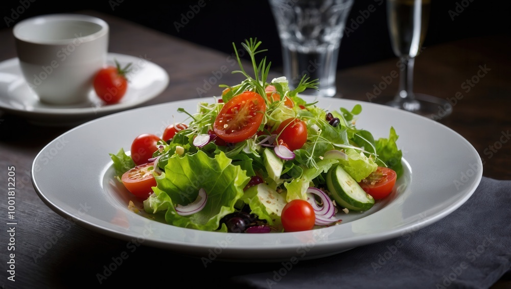 Close-up of a colorful salad with greens, tomatoes, and cucumber on a white plate in a dining setting Close-up of a colorful salad with greens, tomatoes, and cucumber on a white plate in a dining setting