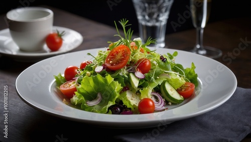 Wallpaper Mural Close-up of a colorful salad with greens, tomatoes, and cucumber on a white plate in a dining setting Torontodigital.ca