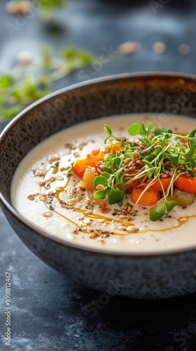 Vertical format, Creamy vegetable soya soup with fresh herbs and spices in a dark bowl on a textured blue surface, garnished with sprouts