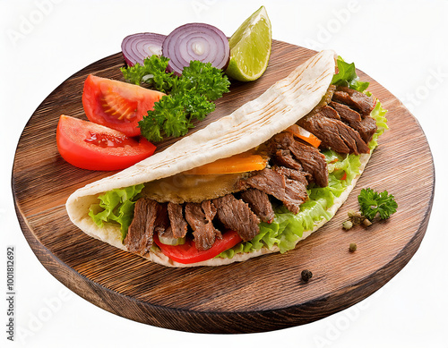 Turkish Doner kebab with garnitures on wooden tray isolated on white background. photo