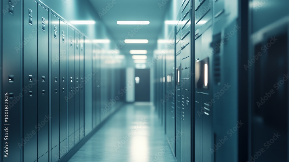 Illuminated Corridor with Lockers in School or Office Building Illuminated Corridor with Lockers in School or Office Building