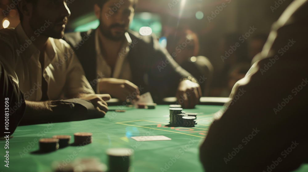 Casino gambling card table with chips, symbolizing risk, strategy, and chance Casino gambling card table with chips, symbolizing risk, strategy, and chance