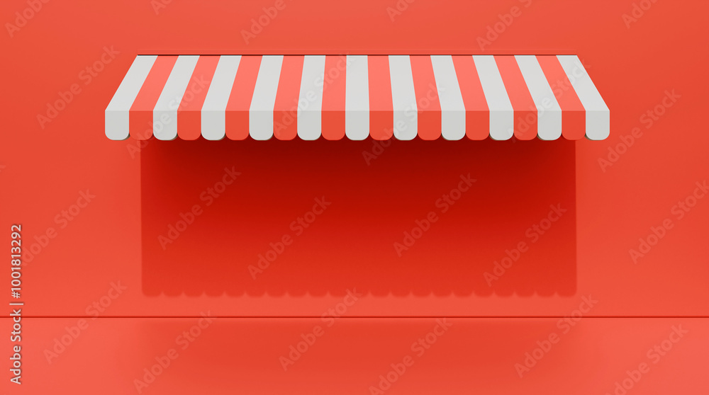Striped street shop tent 3d illustration on red wall. Realistic striped cafe awning on red wall. Outdoor market tent. Roof canopy. Summer street store. Striped street shop tent 3d illustration on red wall. Realistic striped cafe awning on red wall. Outdoor market tent. Roof canopy. Summer street store.