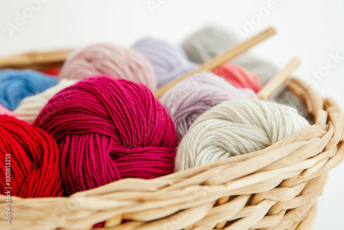 Colorful Yarn Balls in Wicker Basket with Knitting Needles