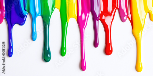 Dripping Colorful Paint on White Background, Abstract Vibrant Design with Copy Space